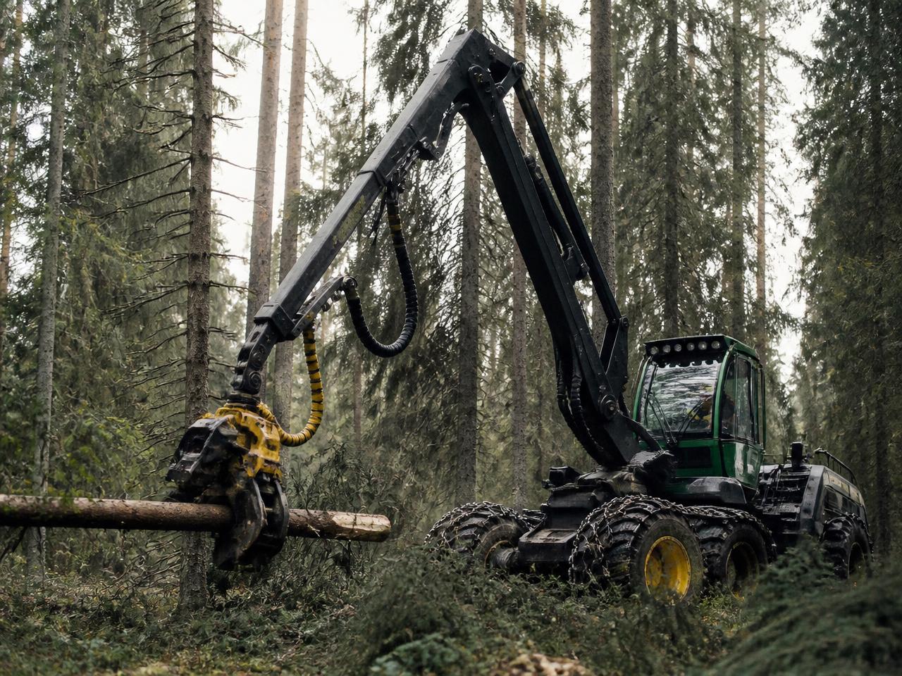 Skogsmiljö med skogsmaskin bland träden.